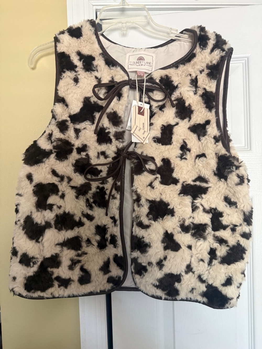 Sunset Lane Black and Cream Faux Fur Cowhide Tie-Front Vest